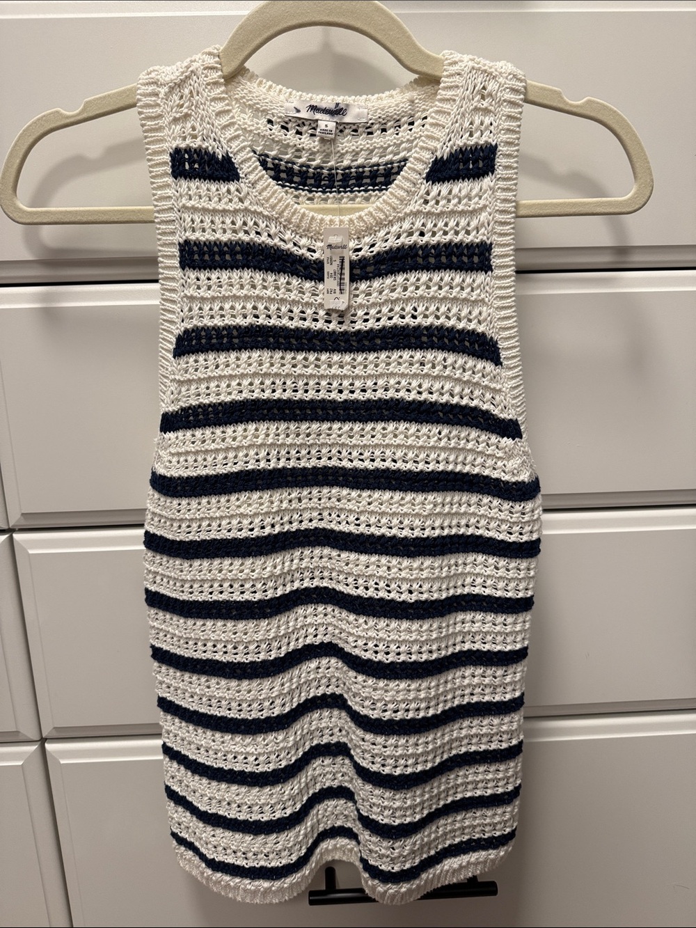 Madewell White and Navy Striped Crochet Tank